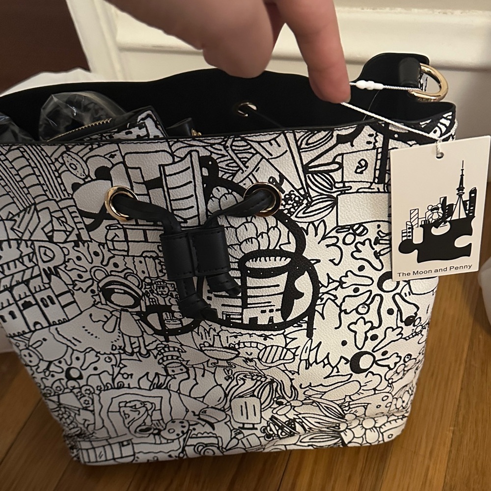 The Moon and Penny Black & White Doodle Bucket Bag